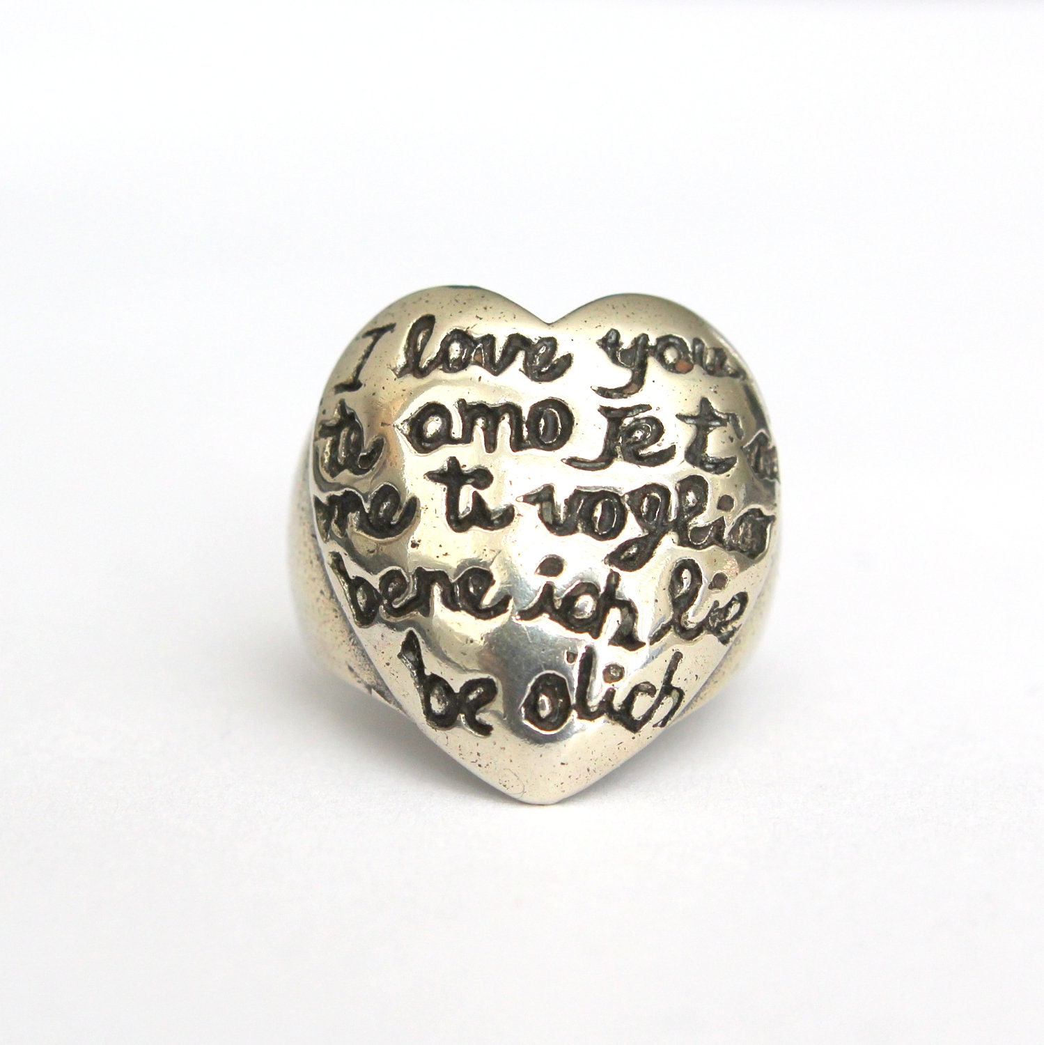 Big Heart Shaped I LOVE YOU Ring  in Five Languages In Solid White Bronze