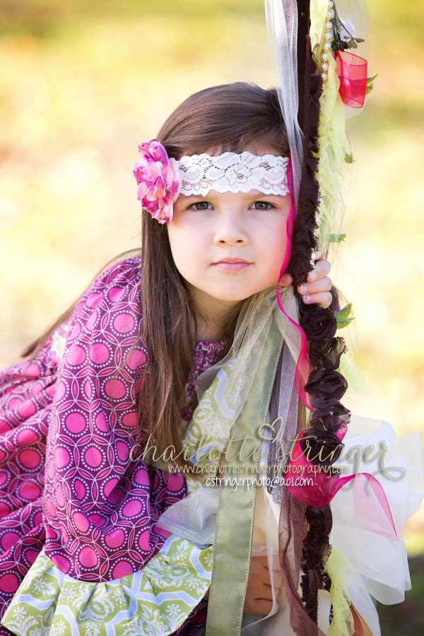 Pink White Lace Flower Headband Vintage Shabby Chic girls Toddlers babies Photography Prop boutique whimsical
