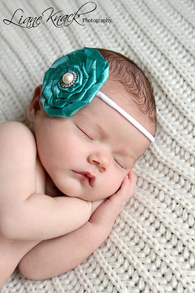 Blue Coiled Rosette Flower Hair Bow Headband Baby Infant Newborn Toddlers Girls ALL AGES White Band Photography Prop Pearl