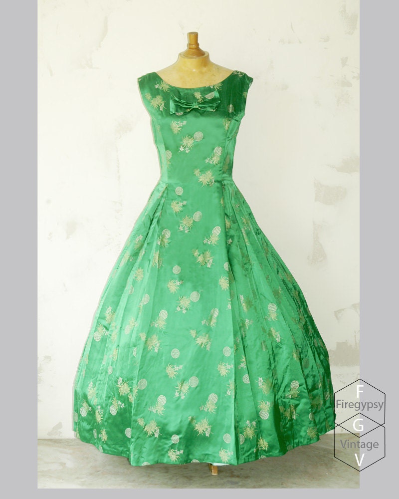 1950s gown / emerald silk brocade dress vintage handmade gown