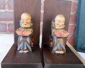 Bookends / Monk Bookends /Wood Bookends / Carved Wood Bookends / Vintage Bookends