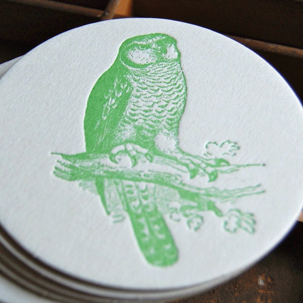Owl, Green coaster- Letterpress printed, SET of 8