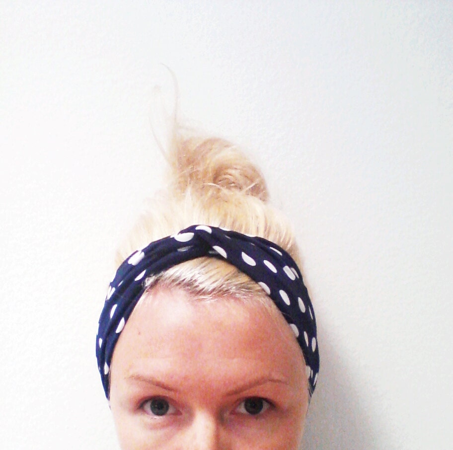 The Twist Turban Headband- In Navy Blue and White Polka Dot Print