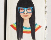 original art: girl in glasses and a rainbow sweater, she's such a hipster