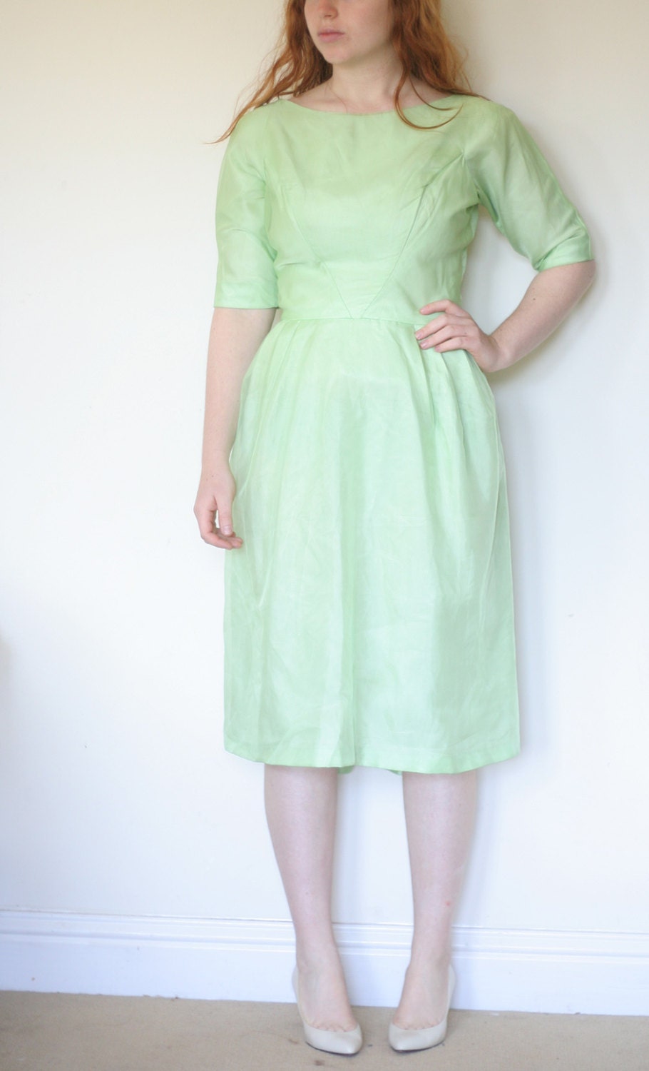 Mint Green 1960s Tea Dress Gown Vintage Small Wedding Bridesmaid