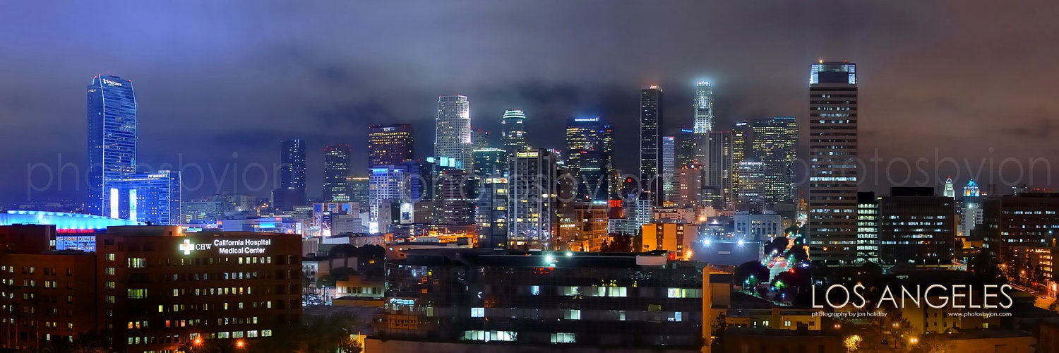 Los Angeles Skyline NIGHT Downtown 12x36 Panoramic Photo Poster Cityscape