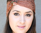 Rust elastic lace headband with sequin flowers, women hair accessories