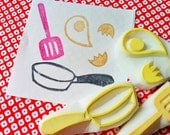cooking hand carved rubber stamps -  hand carved stamp  - frying pan stamp/egg stamp /turner stamp  - set of 3 - no6