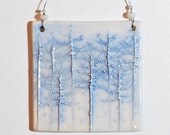 Small Ceramic Wall Hanging, Wall Plaque, Gift Tag, Ornament, Inspiration, Peaceful, Trees, Winter Scene, blue, white