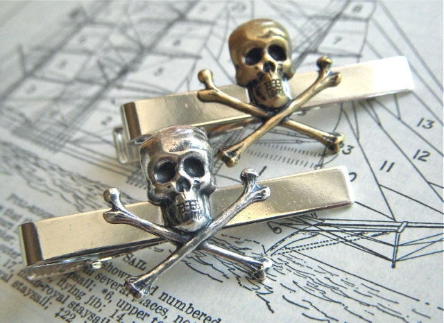 Skull Tie Bar Set Of 2 Skull & Crossbones Silver And Brass Gothic Victorian Steampunk Pirate Vintage Inspired Men's Accessories