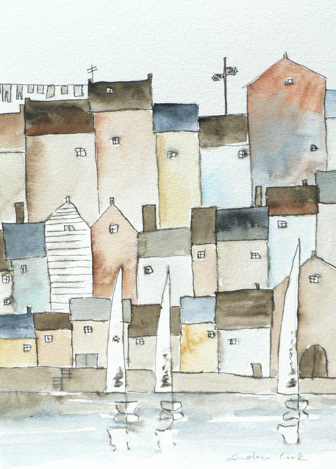 original watercolor painting of a harbor town