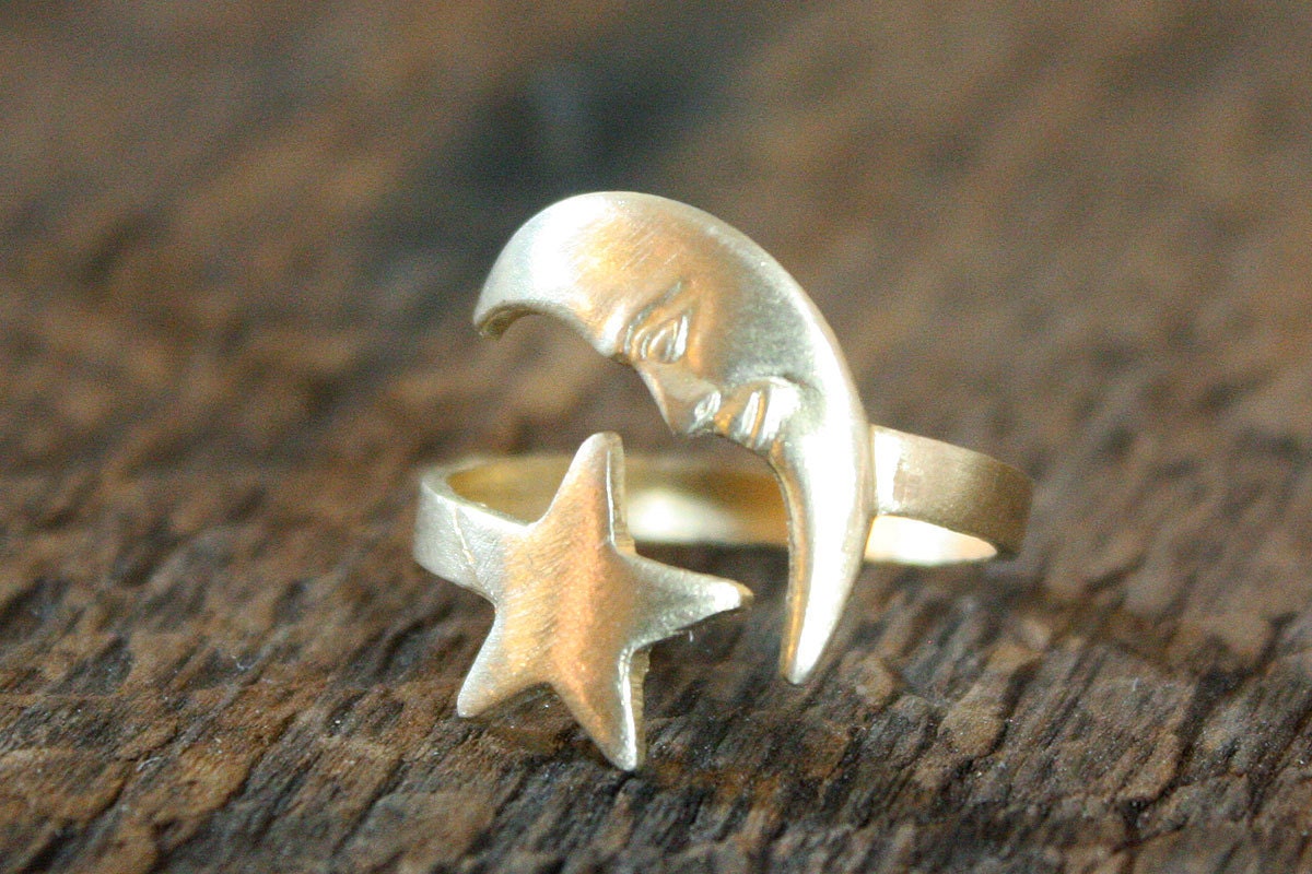Celestial Vintage Moon and Star Adjustable Brass Ring