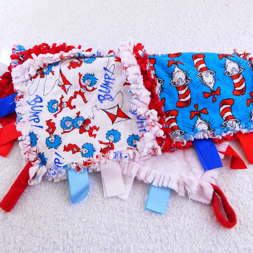 Cat in the Hat Ribbon Rag Baby Quilt with minky - Red, Blue, & White