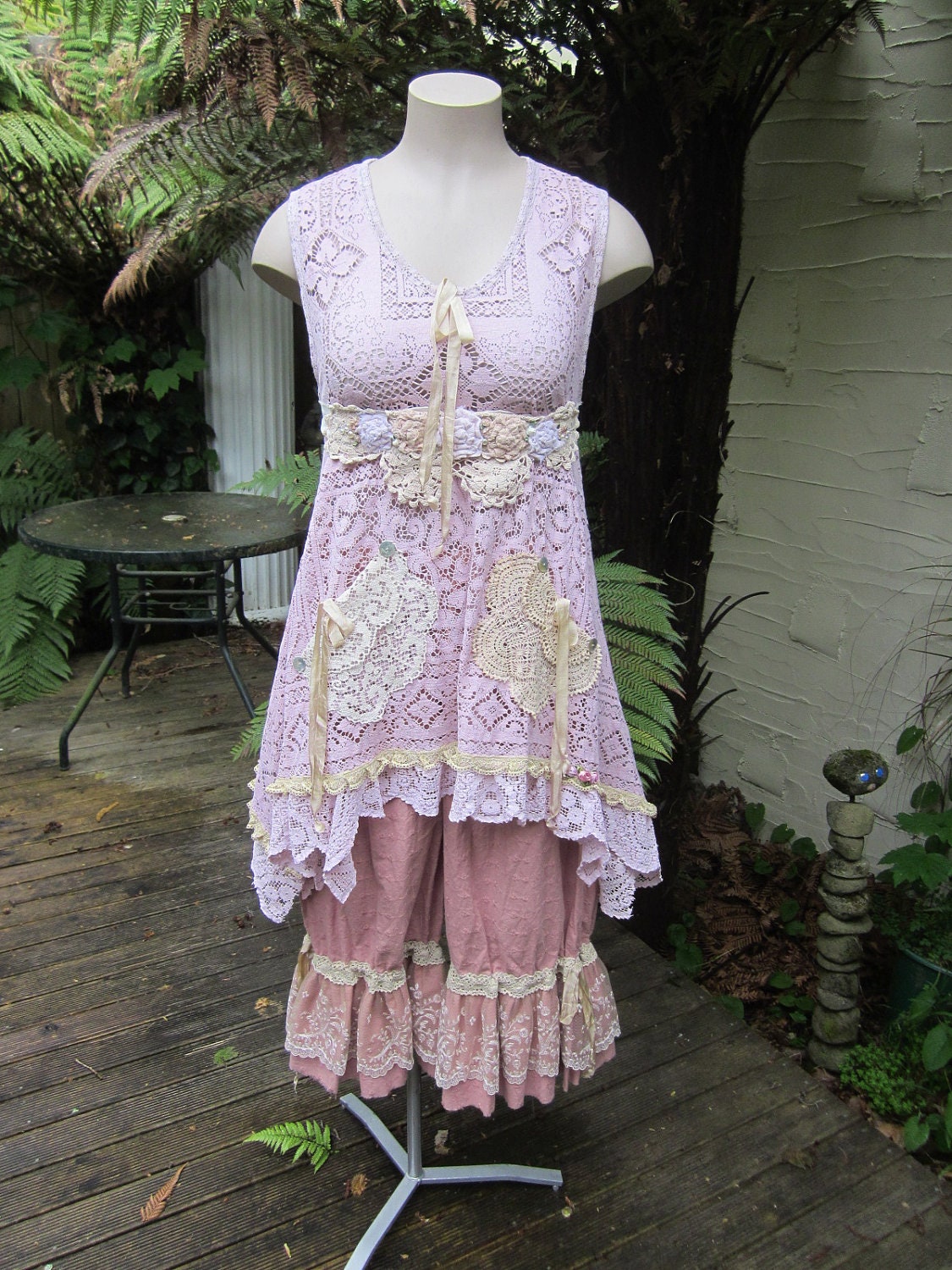 reserved for DAWNTARA... Vintage Kitty...upcycled floral lace tunic dress..roses.. needle lace, dusky rose, hand dyed.. med - xl