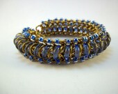Blue Glass Bracelet Brass Chainmaille Gold Toned "Glass Caterpillar"