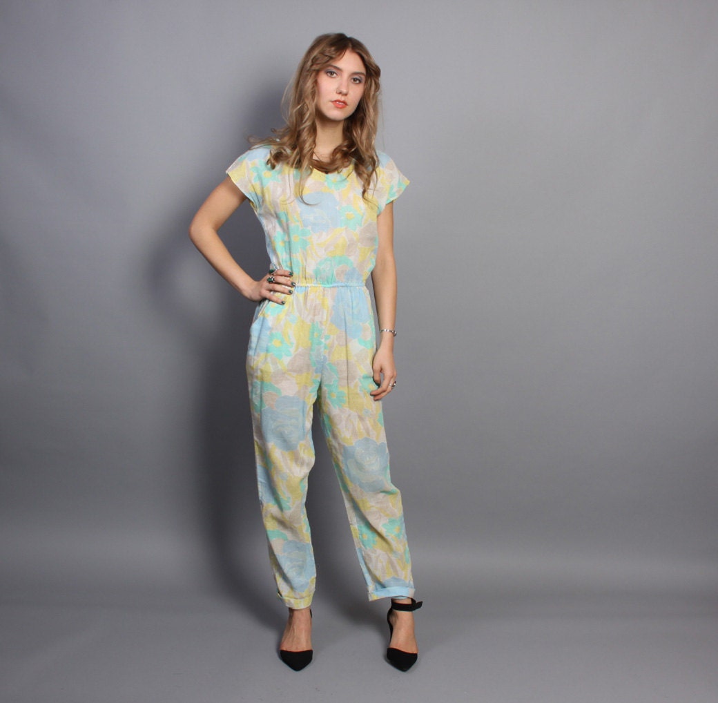 80s FLORAL Cotton JUMPSUIT / Pastel Gauze Romper, xs