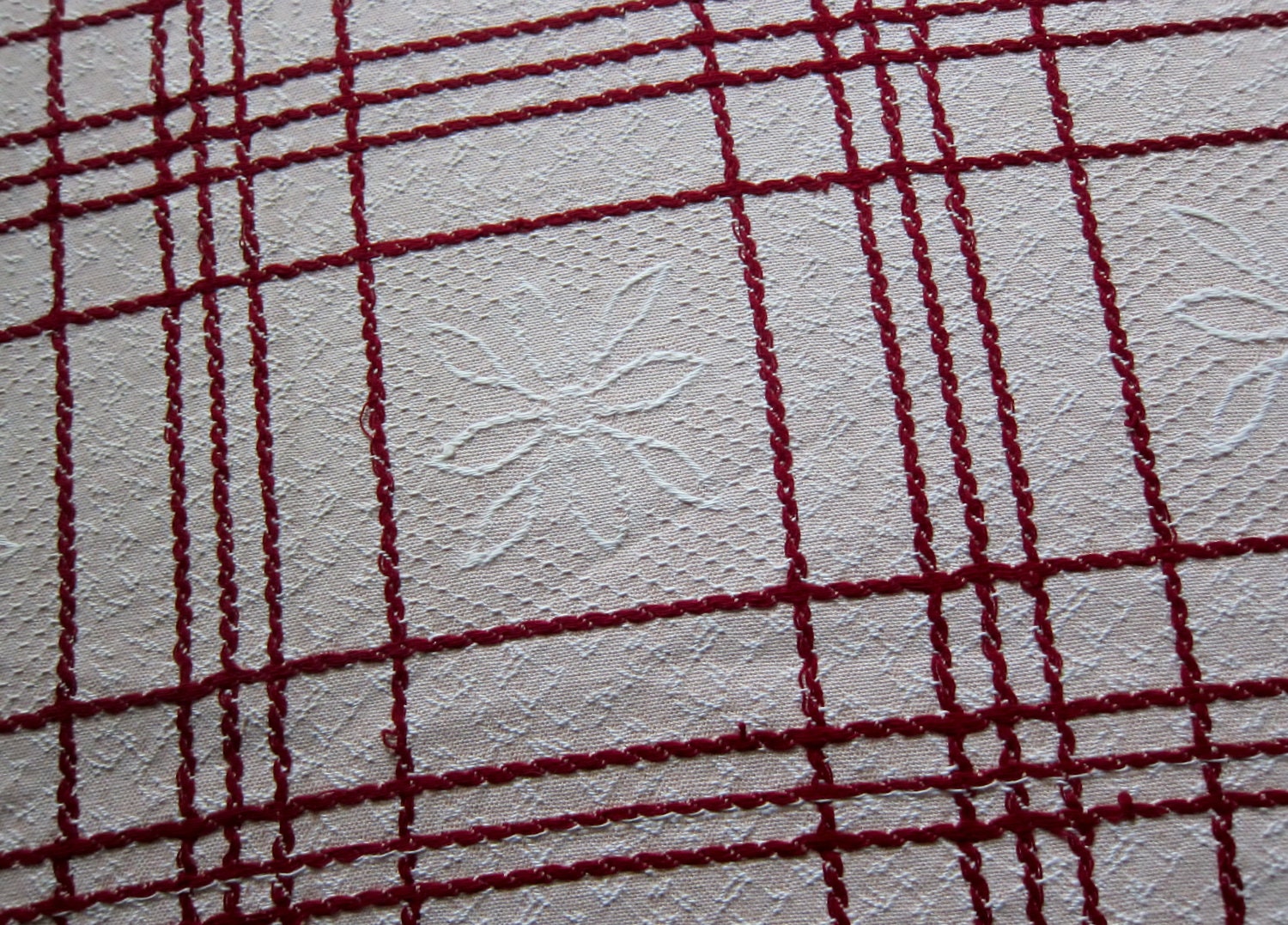 antique bedspread 1940s blanket woven cotton maroon ecru check