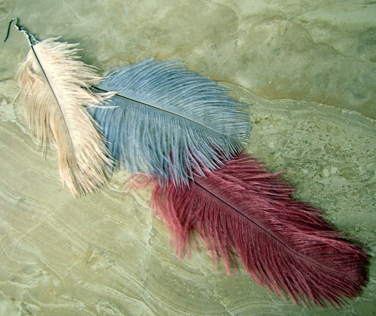 Ostrich Feather Earring - Rose, Silver Gray, and Beige Long Single Feather Earring - Prism (Ready to Ship)