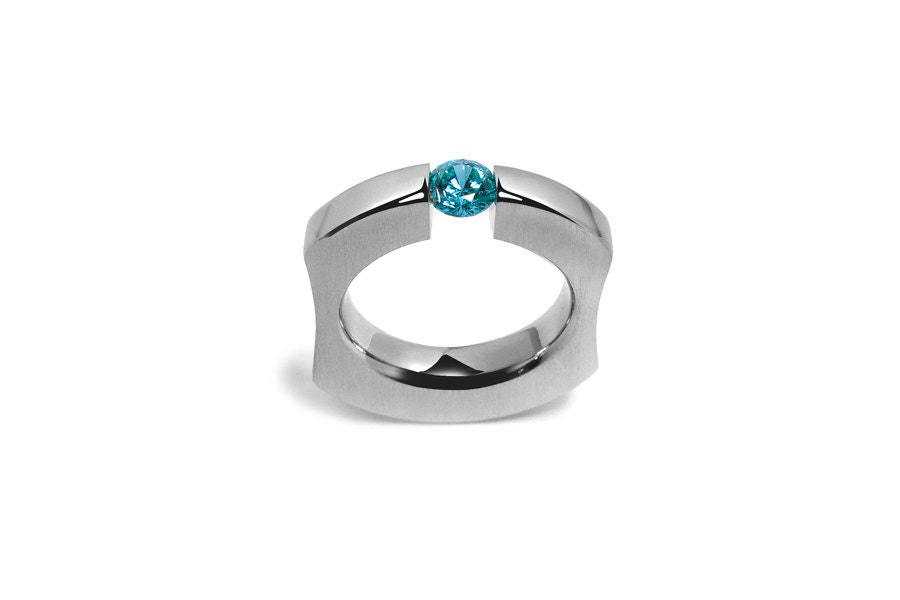 Blue Topaz Comfort Fit Tension Set  Mens Ring Stainless Steel
