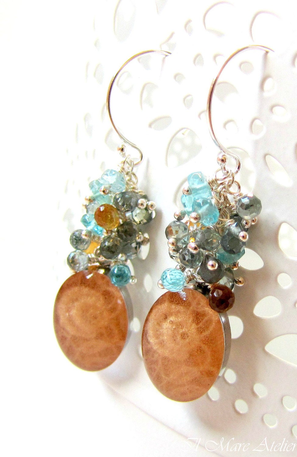 Vintage lace cameo Earrings, Sapphire, Apatite, Citrine - Avignon