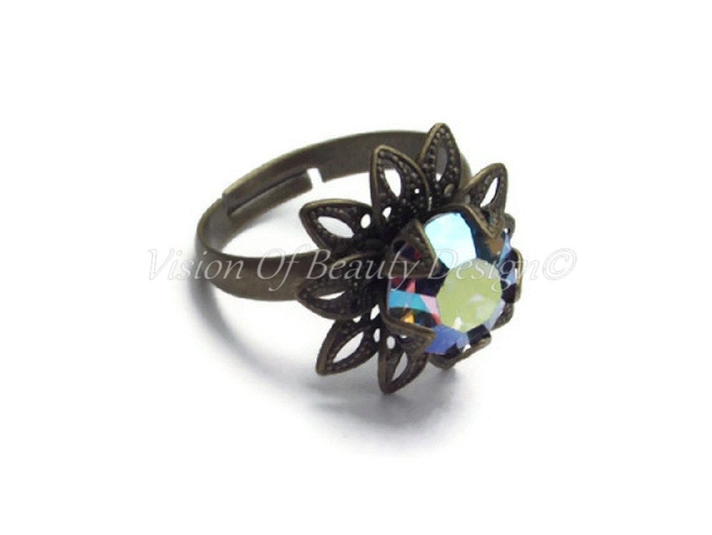 Lotus Blossom Adjustable Ring, Swarovski Light Sapphire AB