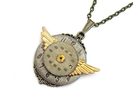 SALE Steampunk Necklace Winged Vintage Watch Face Wedding Bridal Bride Groom Noir Golden Wings Gothic Necklace Steam Punk Jewellery Jewelry