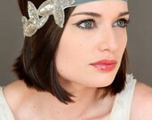 Stella Headband - Silver Sequin Leaf Strand on Gray Stretch Velvet.
