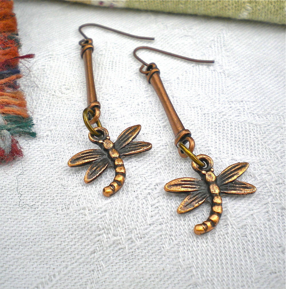 Earrings Copper Dragonfly Antique Dangle