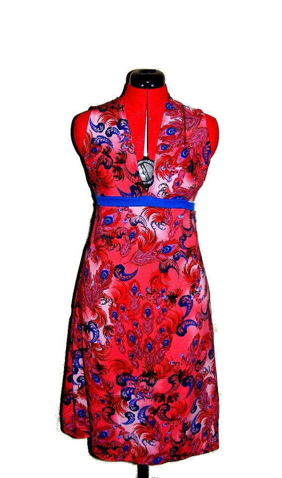 Criss cross strapped back with red and blue feathers knee length sun dress READY TO SHIP