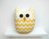 Large Owl Plush Zig Zag Chevron Pillow Minky Yellow White Nursery Decor