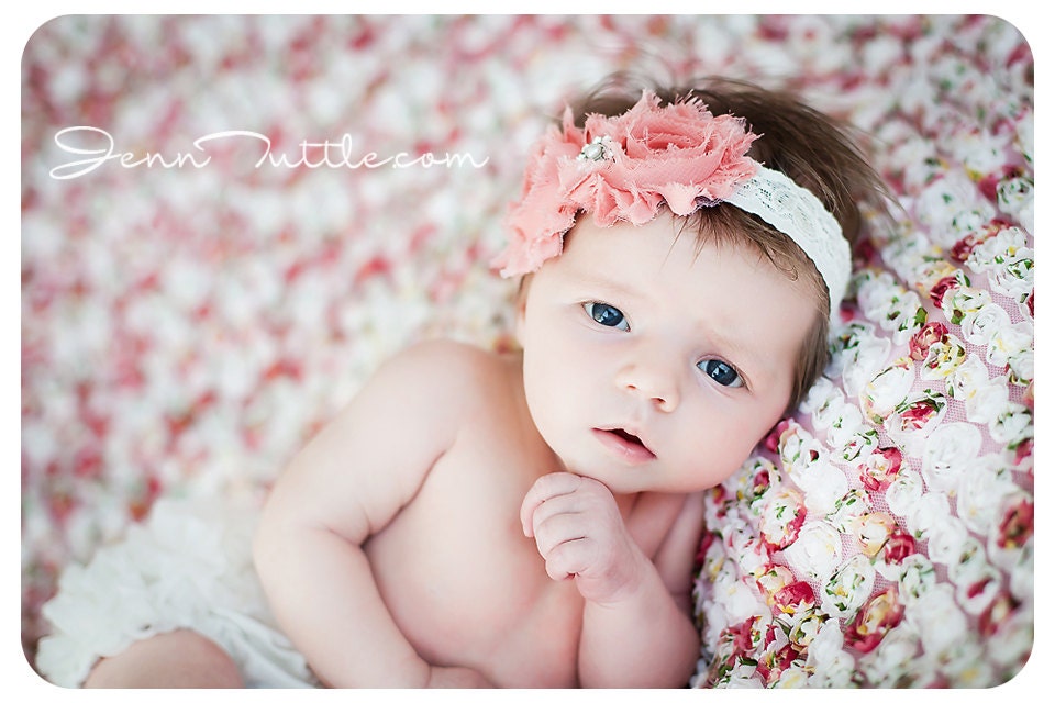Baby Girl Headband- Inspired Vintage Shabby Frayed Flower Rhinestone Center on Lace Stretch Headband- Newborn- Infant- Toddler- Photo Prop