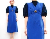 SALE Antique 20s 30s Cobalt Blue Dress - Velvet Sleeve Dress - Draped Wrap Bodice with Sapphire Brooch - Puff Sleeves - XS S