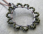 Olive Green Seed Bead Copper Flower Pendant Wire Wrapped Artisan Jewelry