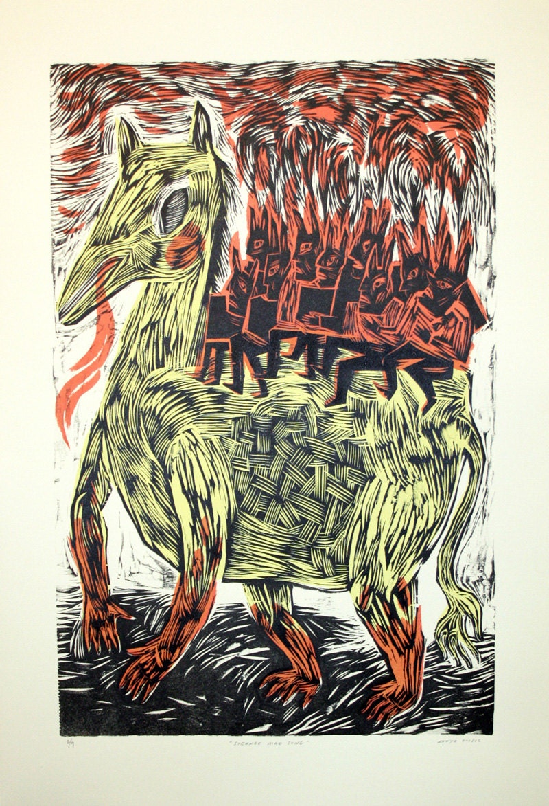 Whimsical Folk Forest Creature, Woodcut and Screenprint, Hand-printed, Limited Ed.