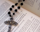 Bat Rosary Necklace Gothic cross Jet black crystals