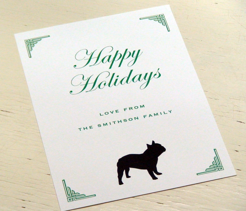 Happy Holidays Personalized French Bulldog Stationery - Flat Holiday Greeting Cards - Merry Christmas Notecards - Set of 10