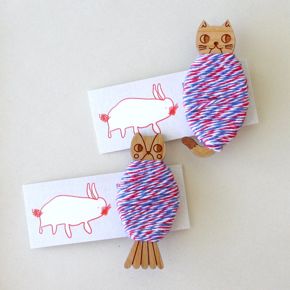 Owl and Cat Pair wooden thread holder pair
