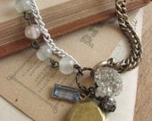 French Inspired Antique Assemblage Bracelet -blue and white shabby chic charm bracelet-