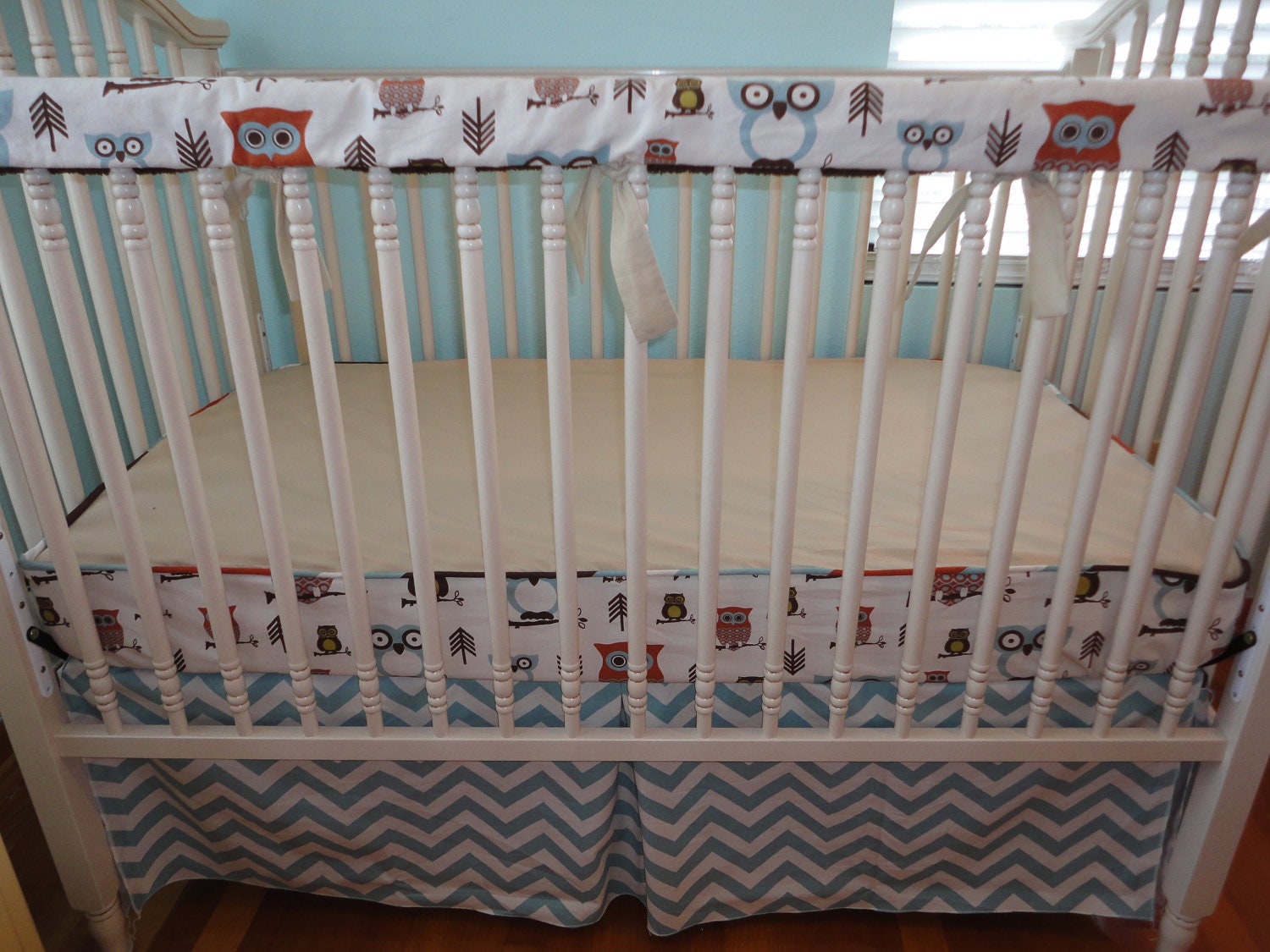Sale- 2 Piece Owl Chevron Crib Bedding Set- Bumperless