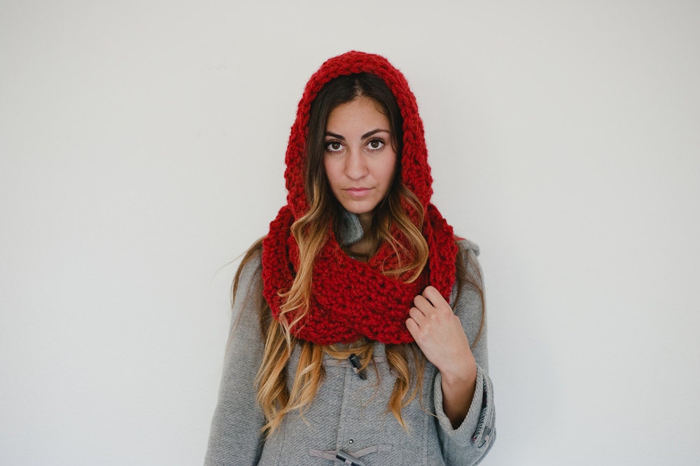 Hooded scarf, red scarf, chunky scarf, winter, spring scarf, fall, winter