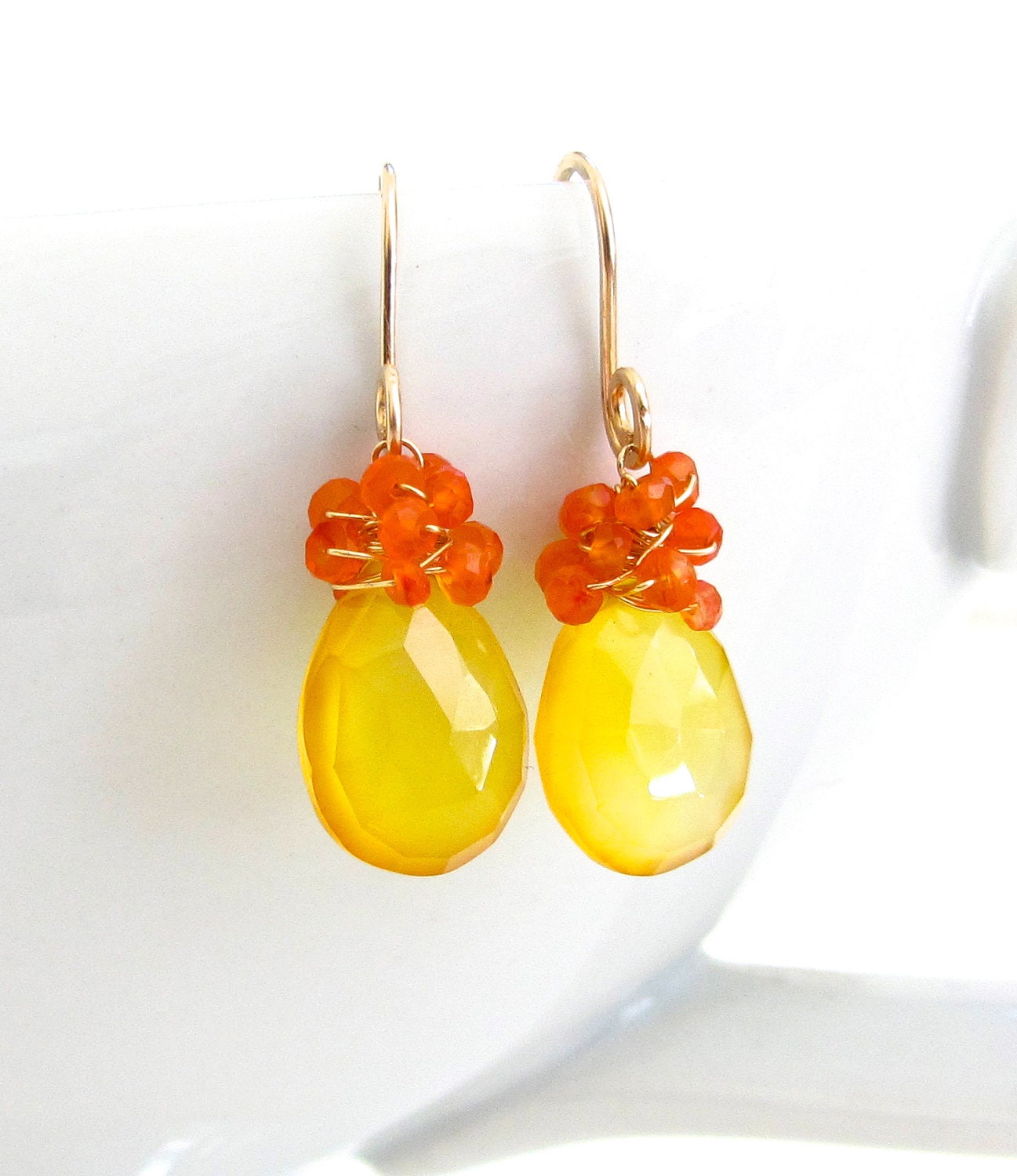 Yellow Chalcedony Earrings Orange Carnelian Wire Wrapped 14k Gold Fill Teardrop Gemstones, Handmade Jewelry by Sonja Blume