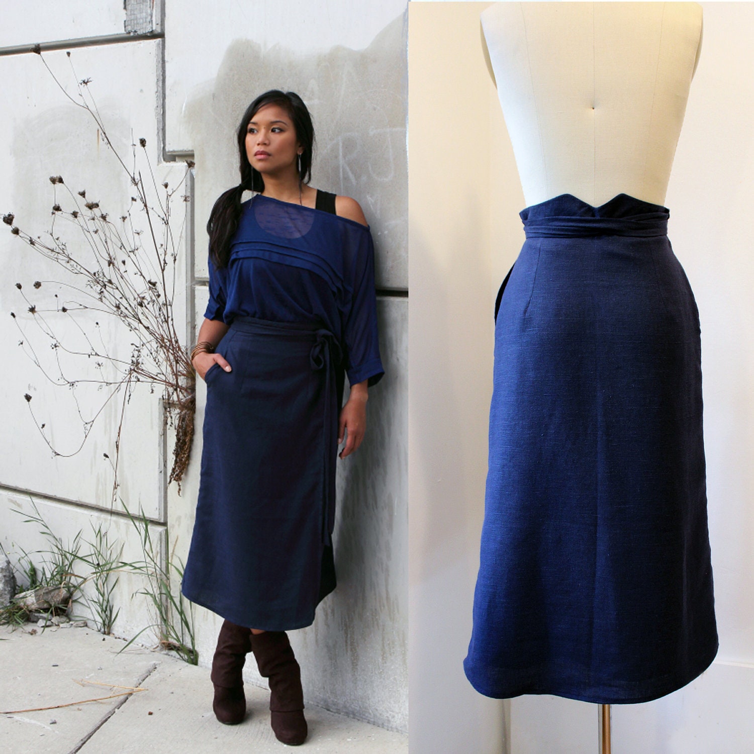 Flora eco fashion midi wrap skirt - Hemp / Recycled PET dobby - xsmall, small, medium, large, xlarge, custom sizing