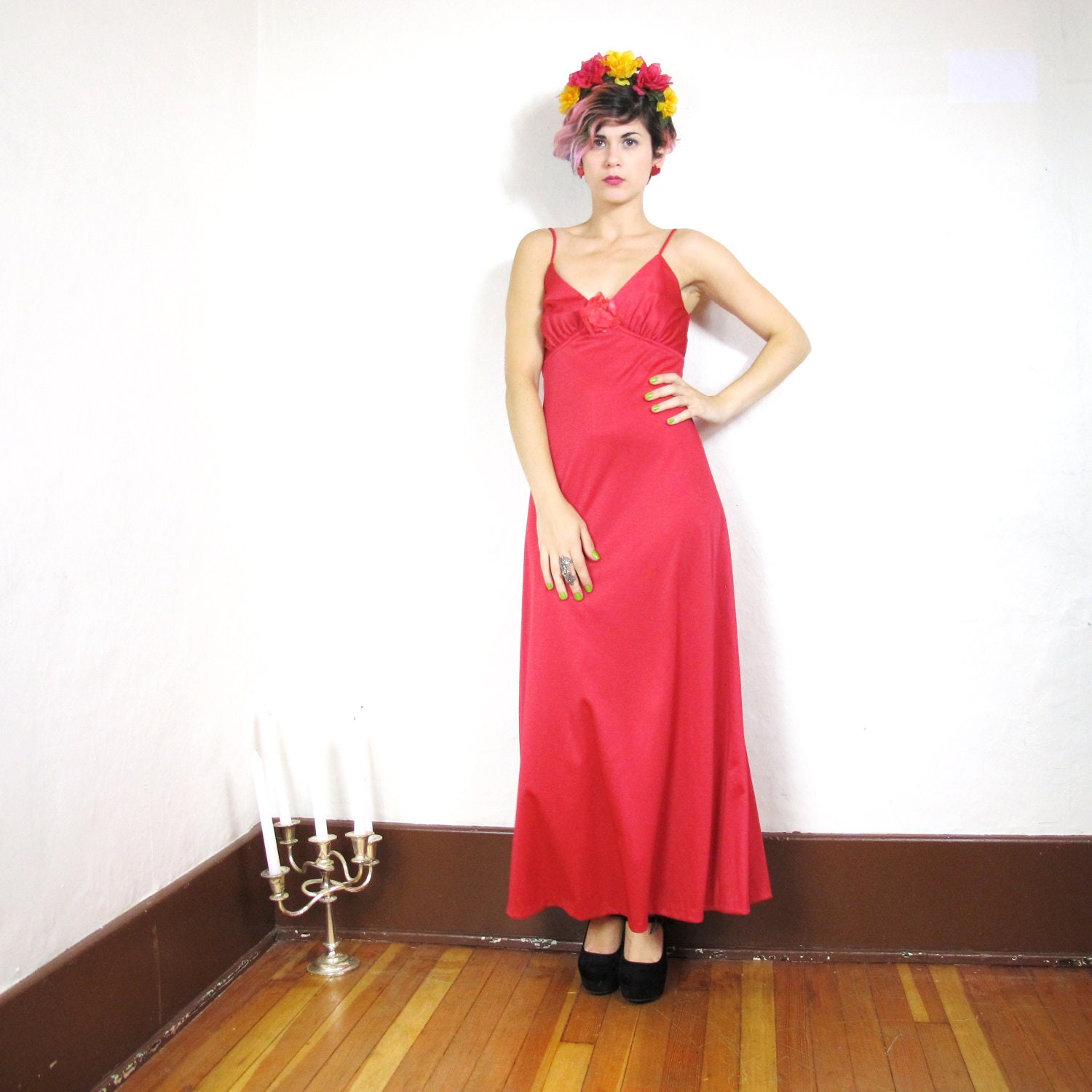 S A L E 70s Disco Rose Red Maxi Gown (S)