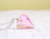 Pink Heart Necklace, Pink Crystal Necklace, Light Rose Heart Pendant on Sterling Silver, Gifts for Valentines Day