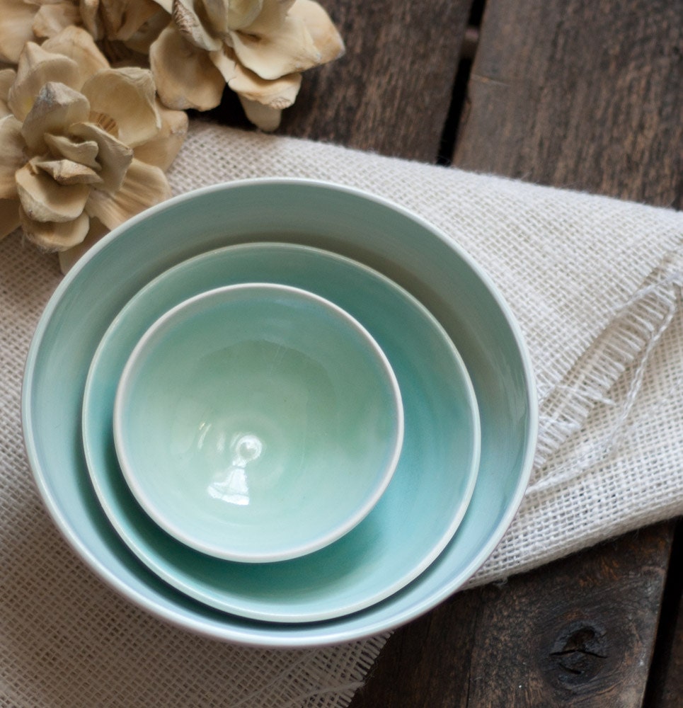 Serving Bowls Kitchen Food Prep Porcelain Bowls Aqua and White Pottery