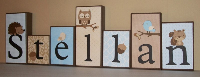 Personalized Wood Blocks -  Blue & Brown Damask Forest Friends Block Set - Baby Room Decor Custom Name Letters - Baby Letter Blocks