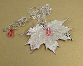 Silver Dipped Maple Leaf Pendant Necklace with Pink Crystals, Silver Maple Leaf Necklace