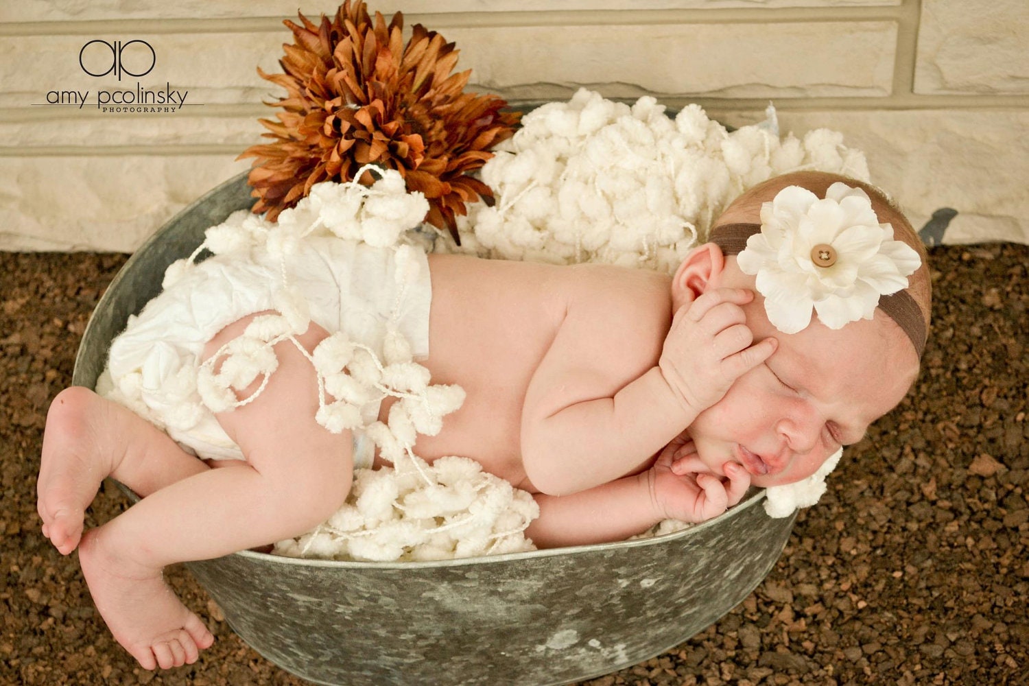 Baby Headband Coffee band with Cream flower...Baby Flower Headband...Hand Sewn...Flower Headband...Newborn Headband