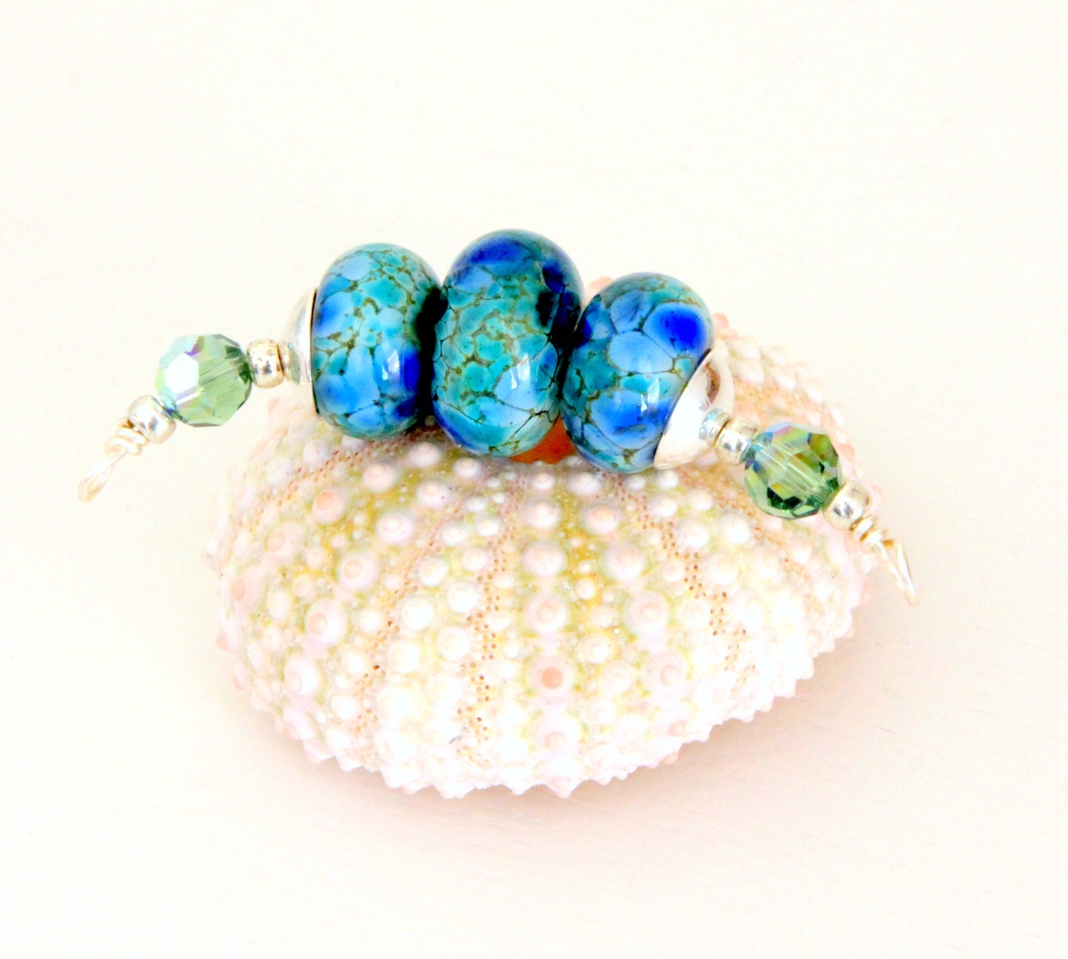 Blue-Green Glass Bead Pendant Necklace. Turquoise Frit Bead Pendant Necklace. Aqua Frit Bead Necklace. "Three Sisters" Pendant.