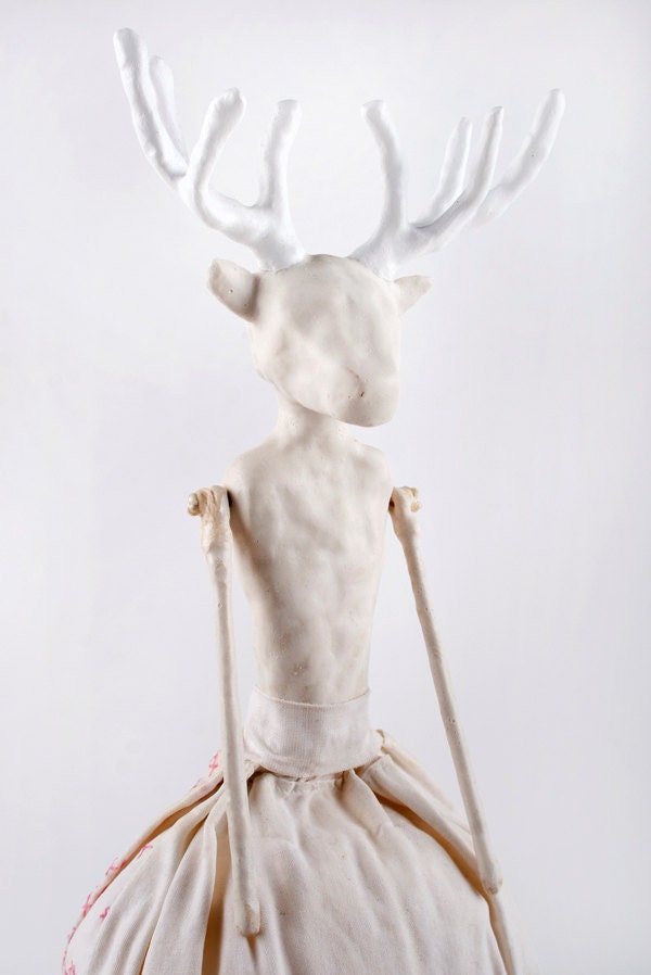 Art Doll with White Antlers / Clay Deer Doll / Folk Inspired Art Doll